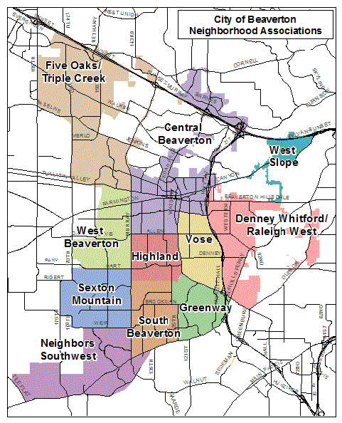 Map of Beaverton neighborhoods. Select a neighborhood to see projects within that neighborhood.
