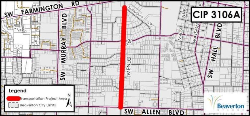 CIP 3106A Project Map for SW Menlo Drive transportation project between SW Farmington Road and SW Allen Boulevard.