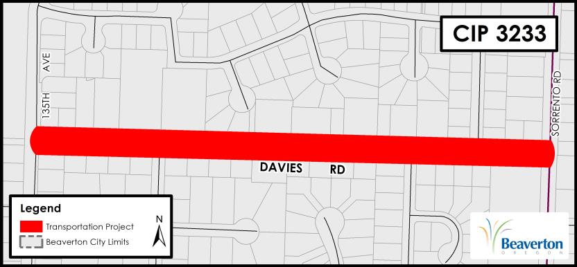 CIP 3233 Transportation Project map for SW Davies Road between 135th Avenue and Sorrento Road.