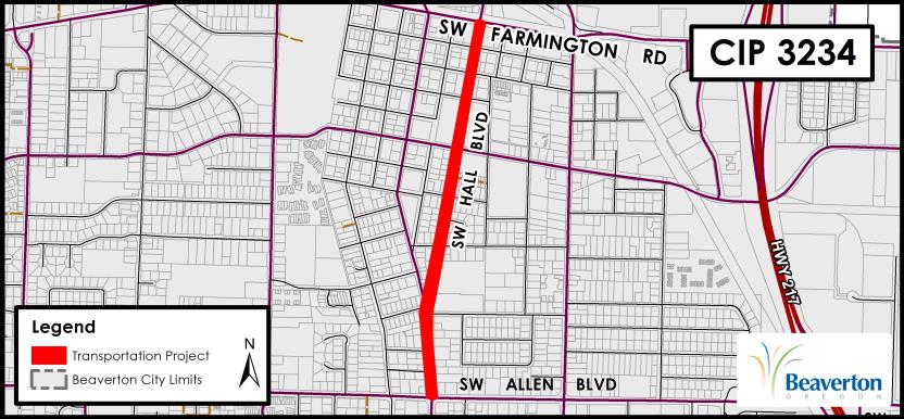 CIP 3234 Transportation Project map for SW Hall Boulevard between SW Farmington Road and SW Allen Boulevard.
