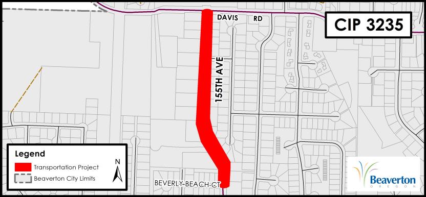 CIP 3235 Transportation Project map for SW 155th Avenue between Davis Road and Beverly Beach Court.