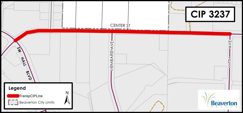 CIP 3237 Project map for SW Center Street between SW Hall Boulevard and SW 117th Avenue.