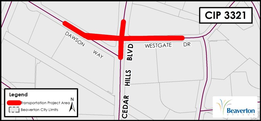 CIP 3321 Project Map for SW Dawson Way and SW Westgate Drive intersections of SW Cedar Hills Boulevard transportation project.