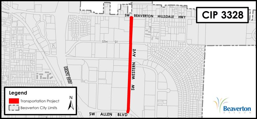 CIP 3328 Transportation Project map for SW Western Avenue between SW Beaverton Hillsdale Highway and SW Allen Boulevard.