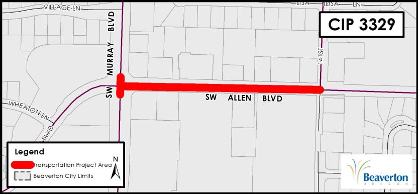 CIP 3329 Project Map of SW Allen Boulevard transportation project between SW Murray Boulevard and SW 141st Street.