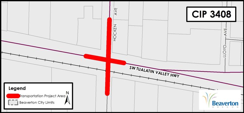 CIP 3408 Project Map for SW Tualatin Valley Hwy transportation project for intersection at SW Hocken Ave.