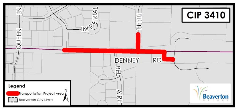 CIP 3410 Project Map for SW Denney Road between SW King Blvd and access road near Fanno Creek Trail.