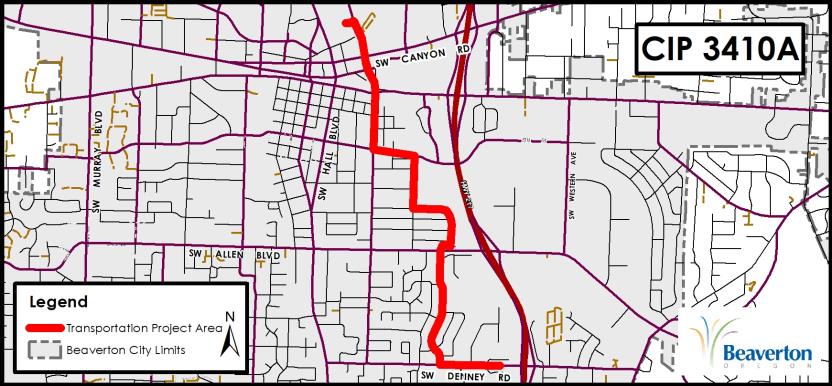 CIP 3410A Project Map for SW Denney Rd, King Blvd, Lee Ave, Alger Ave, 5th St, Lombard Ave to Center St.