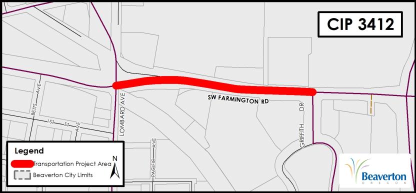 CIP 3412 Project Map for SW Farmington Rd between Lombard Ave and Griffith Dr.