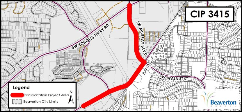 CIP 3415 Project Map for SW Murray Blvd and Barrows Rd between SW Scholls Ferry Rd and SW Menlor Ln.