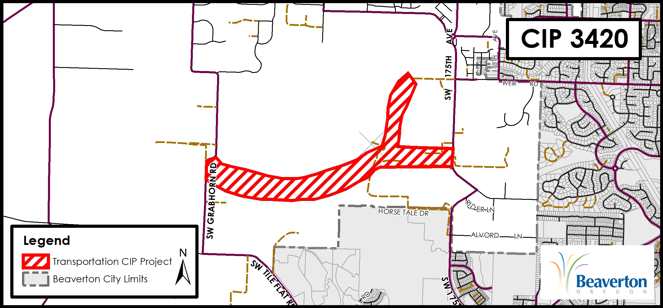 Transportation Project CIP 3420 map for area north of SW Tile Flat Road between SW Grabhorn Road and SW 15th Avenue.