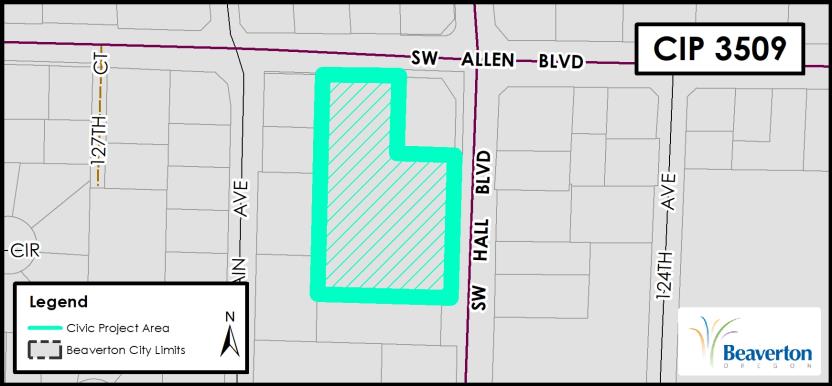 CIP 3509 Civic Project map for area bounded by SW Main Avenue, SW Allen Boulevard and SW Hall Boulevard. 