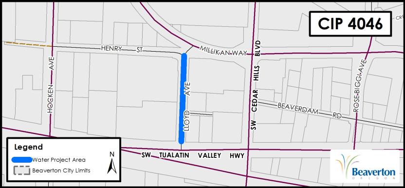 CIP 4046 Project Map for SW Lloyd Ave between SW Henry St and Tualatin Valley Hwy.