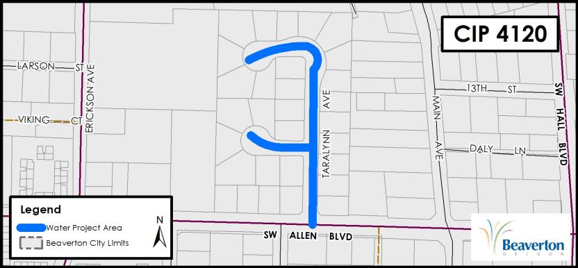 CIP 4120 Project Map for SW Taralynn Ave north of Allen Blvd, between Erickson and Main Avenues.