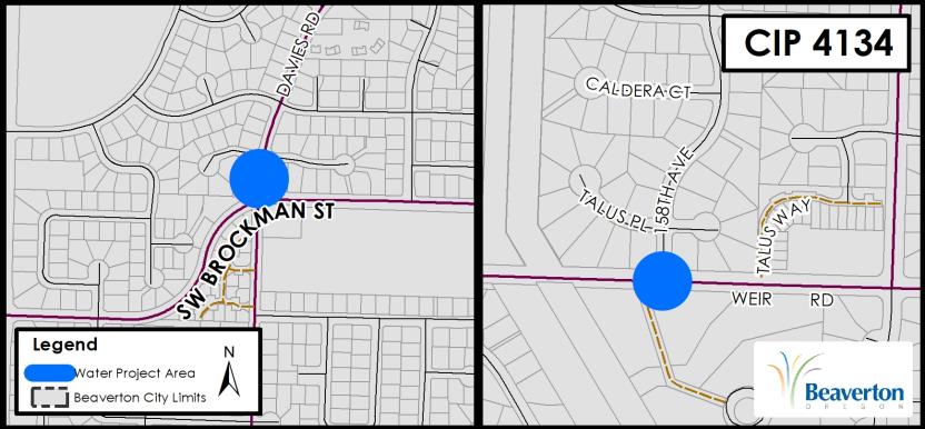 CIP 4134 Project Map for two areas: SW Brockman St and Davies Rd intersection, and SW Weir Rd and 158th Ave intersection.