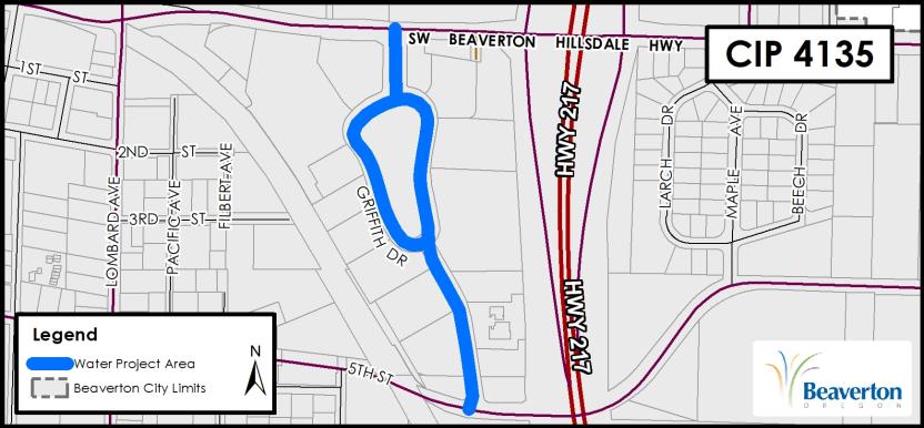 CIP 4135 Project Map for SW Griffith Dr, bounded by Lombard Ave, Beaverton Hillsdale Hwy, Hwy 217 and 5th St.