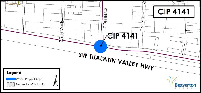 CIP 4141 Project Map of SW Tualatin Valley Hwy at Cornelius Pass intersection between SE 75th Ave and 214th Ave.