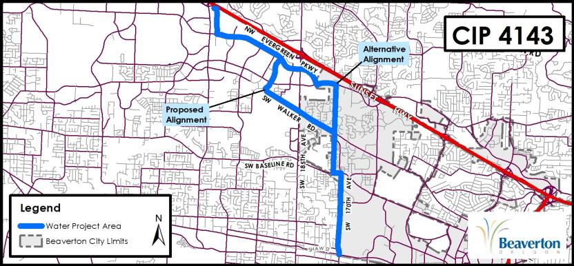 Water Capital Improvement Project 4143 map for area along NE Century Boulevard, NW Amberwood Drive, NW Walker Road, SW 173rd Avenue and SW 170th Avenue.