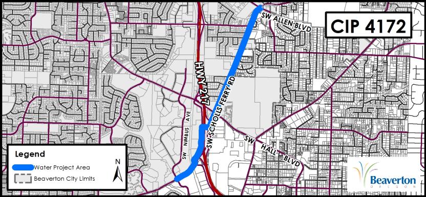 CIP 4172 Water Project map for SW Scholls Ferry Road between Allen Boulevard to the North and Nimbus Avenue to the South.