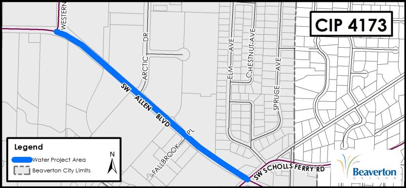 CIP 4173 Project Map for SW Allen Blvd between Western Ave and Scholls Ferry Rd.