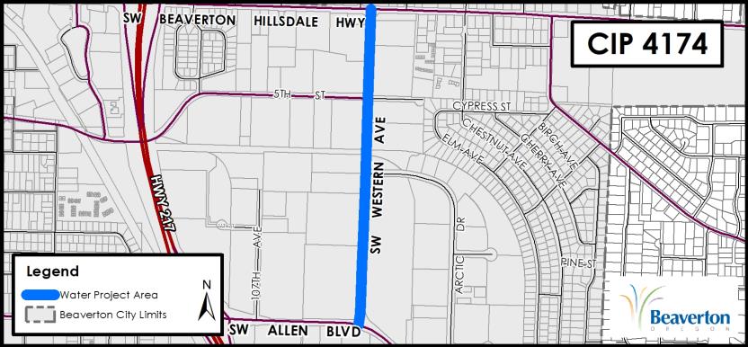 CIP 4174 Project Map for SW Western Ave between Beaverton Hillsdale Hwy and Allen Blvd.