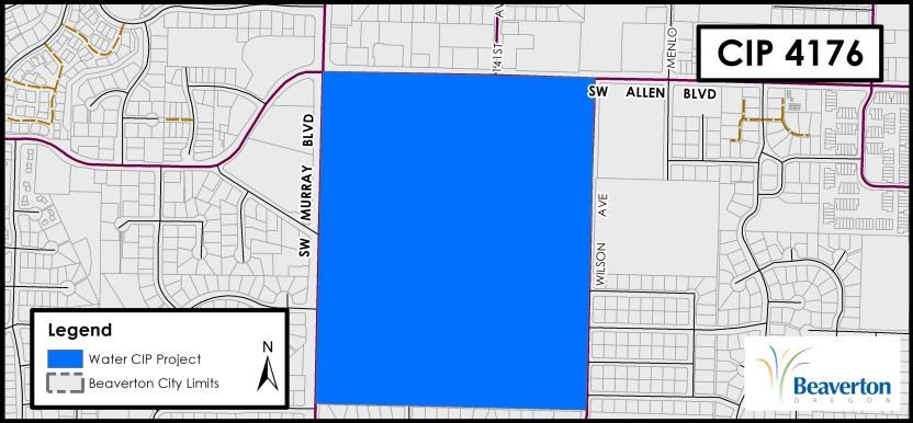 CIP 4176 Water Project map for area bounded by SW Allen Boulevard to the north, SW Wilson Avenue, SW Barlow Road and SW Murray Boulevard.