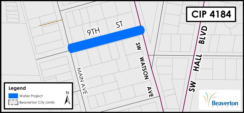 CIP 4184 Water Project map for SW 9th Street between SW Main and SW Watson Avenues.