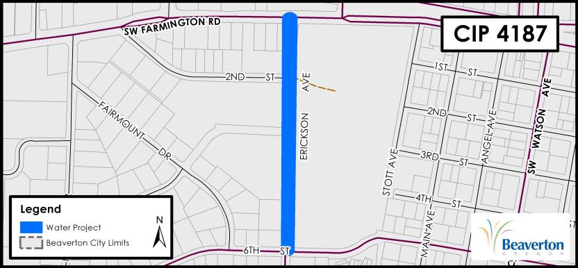 CIP 4187 Water Project map for SW Erickson Avenue between SW Farmington Road and SW 6th Street.