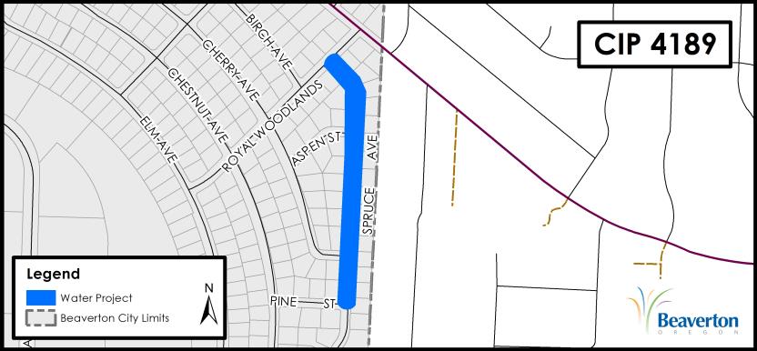 CIP 4189 Water Project map for SW Spruce Avenue between SW Royal Woodlands Drive and SW Pine Street.
