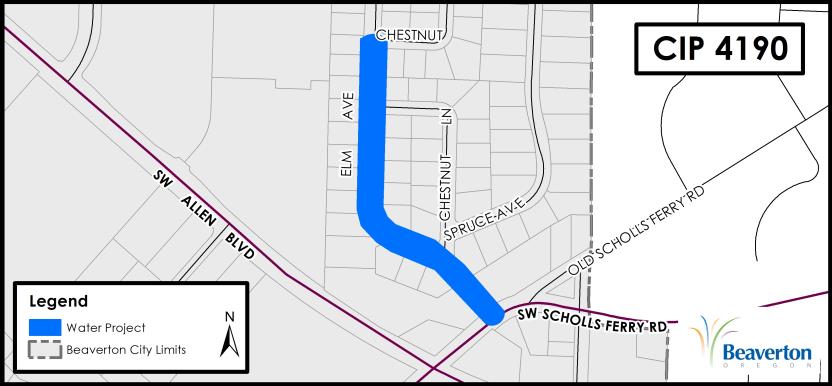 CIP 4190 Water Project map for SW Elm Avenue between SW Chestnut Avenue and SW Scholls Ferry Road.
