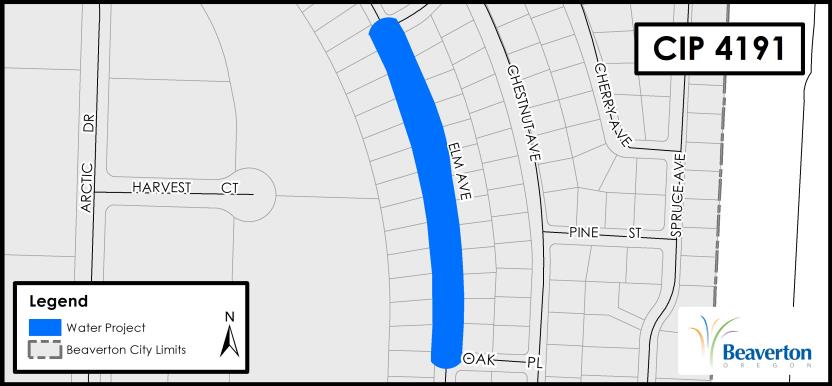 CIP 4191 Water Project map for SW Elm Avenue between SW Royal Woodlands Drive and SW Oak Place.