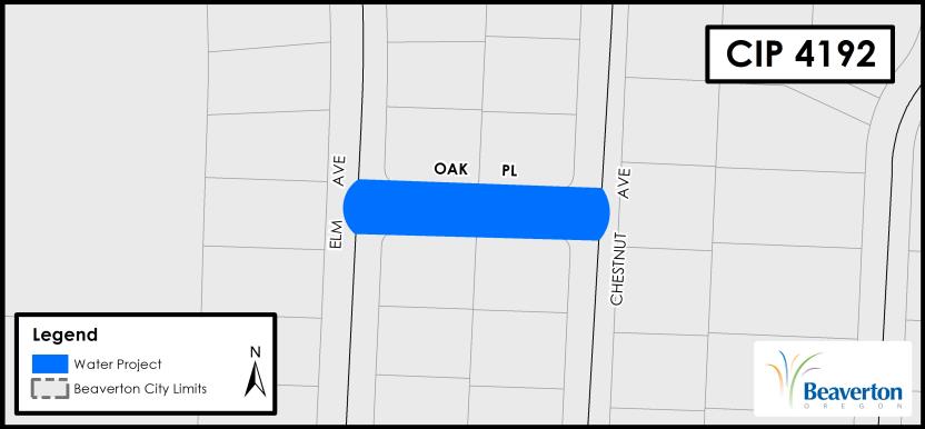 CIP 4192 Water Project map for SW Oak Place between SW Elm Avenue and SW Chestnut Avenue.