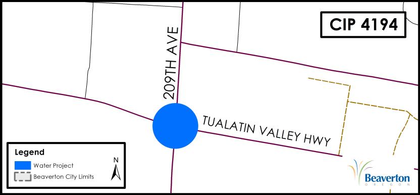 CIP 4194 Water Project map for intersection of SW 209th Avenue and SW Tualatin Valley Highway.