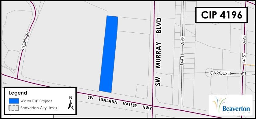 CIP 4196 Water Project map for area bounded by SW 153rd Drive, SW Millikan Way, SW Murray Boulevard and SW Tualatin Valley Highway.