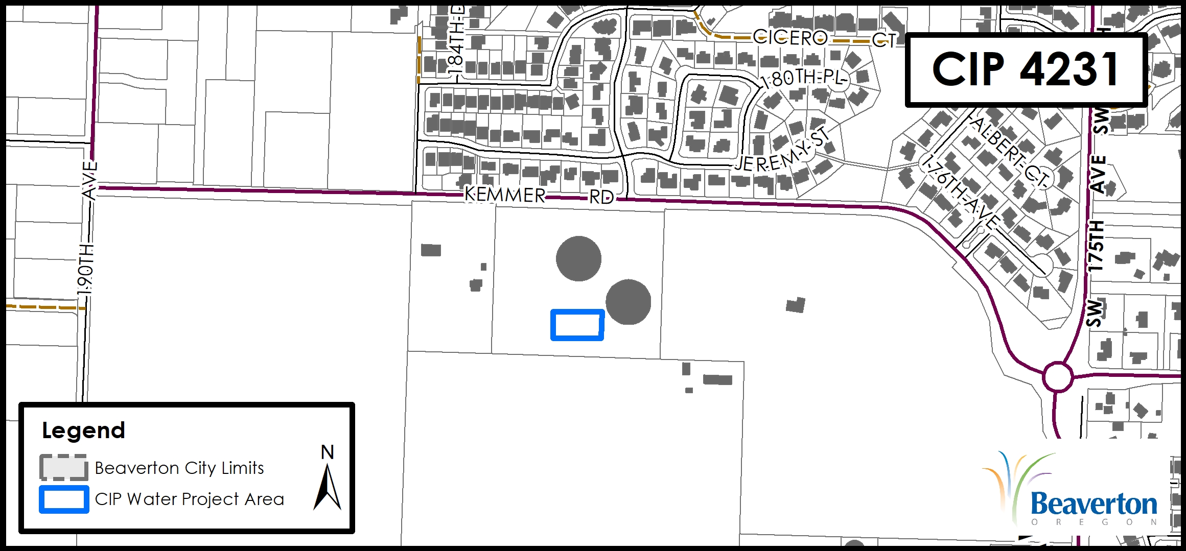 CIP 4231 Water Project map of area bounded by SW 190th Avenue, SW Kemmer Road and SW 175th Avenue.