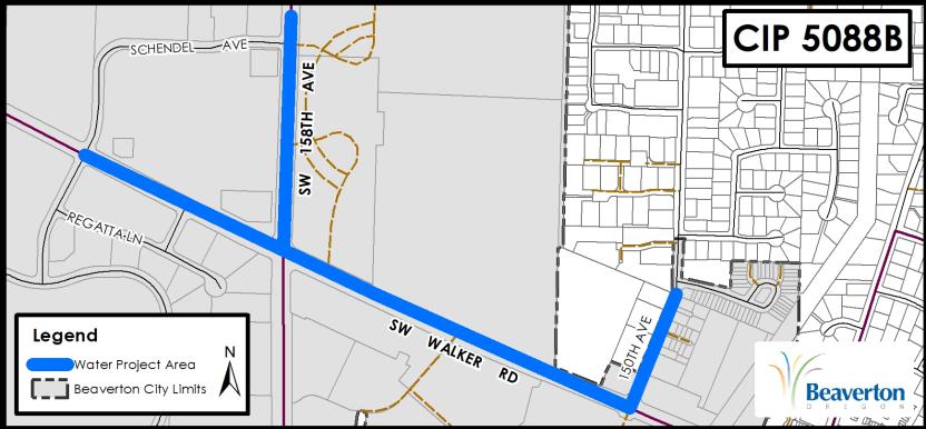 CIP 5088B Project Map for SW Walker Rd and areas north including 158th and 150th Avenues.