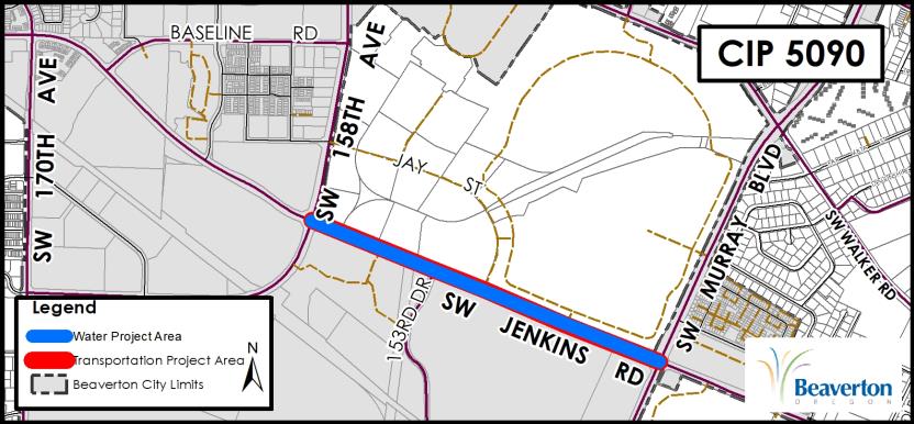 CIP 5090 Project Map for SW Jenkins Road between SW 158th Avenue and SW Murray Boulevard.