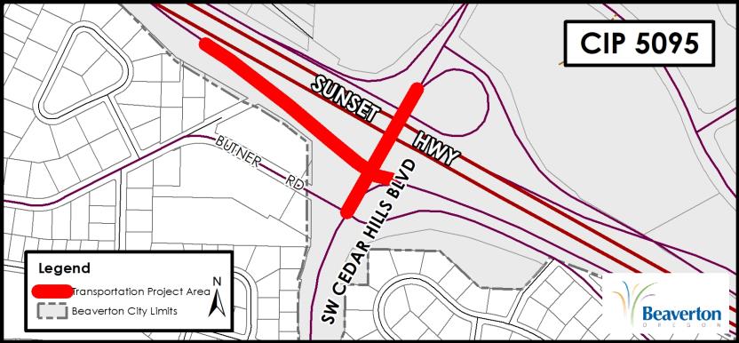 CIP 5095 Project Map for ramp exiting Sunset Hwy to Cedar Hills Blvd, including underpass.