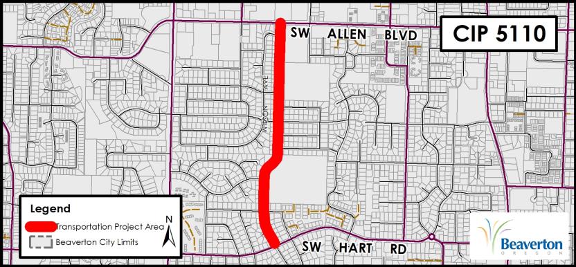CIP 5110 Transportation Project map for SW Wilson Ave between SW Allen Boulevard and SW Hart Road.