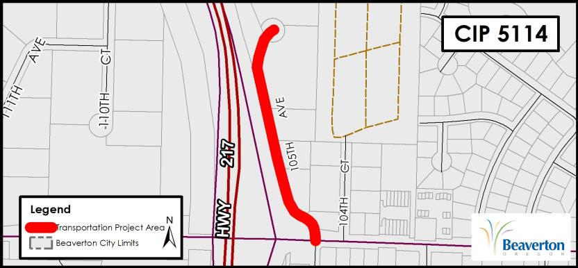 CIP 5114 Project Map for SW 105th Ave bounded by HWY 217, 104th Ct and Denney Rd.