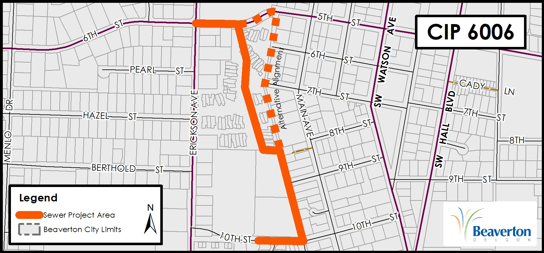 CIP 6006 Sanitary Sewer Project Map for section along SW Allen Boulevard, SW Taralynn Avenue, SW Cypress Lane, SW Biggi Terrace and SW 10th Avenue.