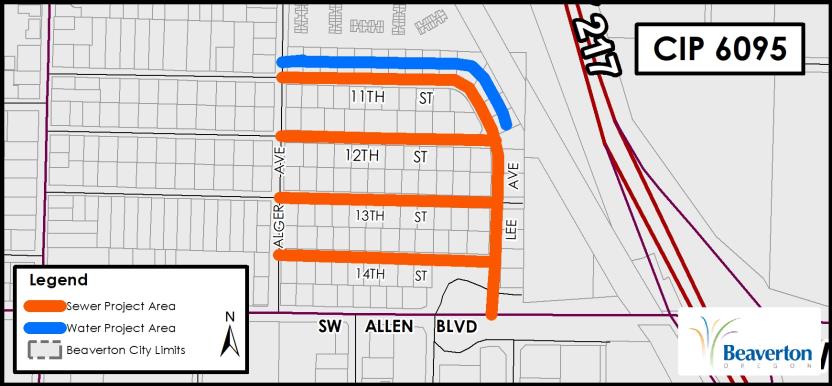 CIP 6095 Project Map for street north of SW Allen Blvd: 14th, 13th, 12th, 11th Streets, between Alger and Lee Avenues.