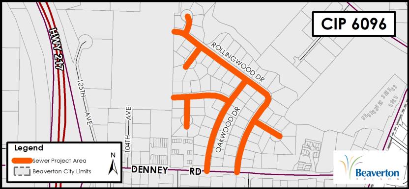 CIP 6096 Project Map for area north of SW Denney Rd including Oakwood Dr, Winter Ct, Winter Ln, Rollingwood Dr and Pinecrest, Dori, Maplecrest Courts.