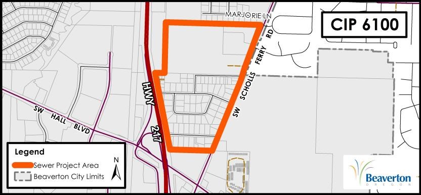 CIP 6100 Sewer Project Map for area between Highway 217, SW Marjorie Lane, SW Scholls Ferry Road and SW Homestead Lane.