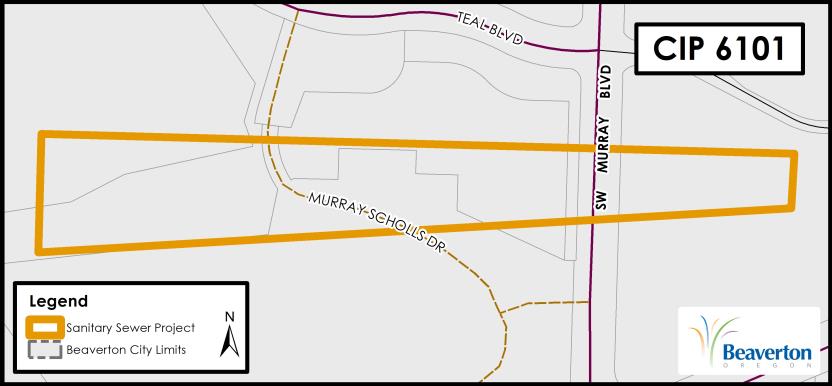CIP 6101 Sanitary Sewer Project map for area near SW Murray Scholls Drive, SW Teal Boulevard, SW Murray Boulevard and SW Scholls Ferry Road.