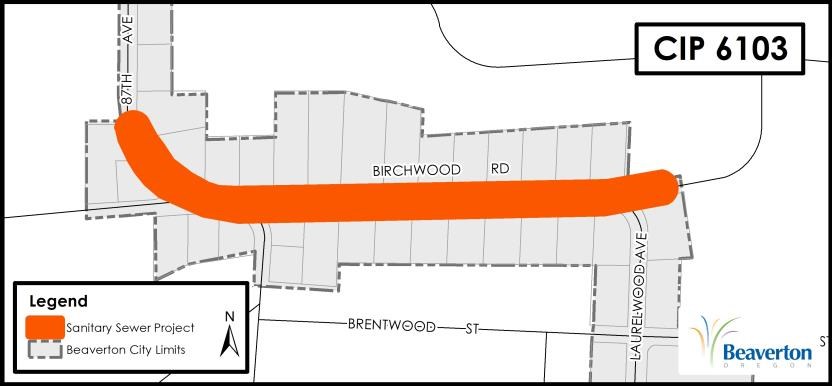 CIP 6103 Sanitary Sewer Project map for area along SW Birchwood Road, between SW 87th Avenue and SW Laurelwood Avenue.