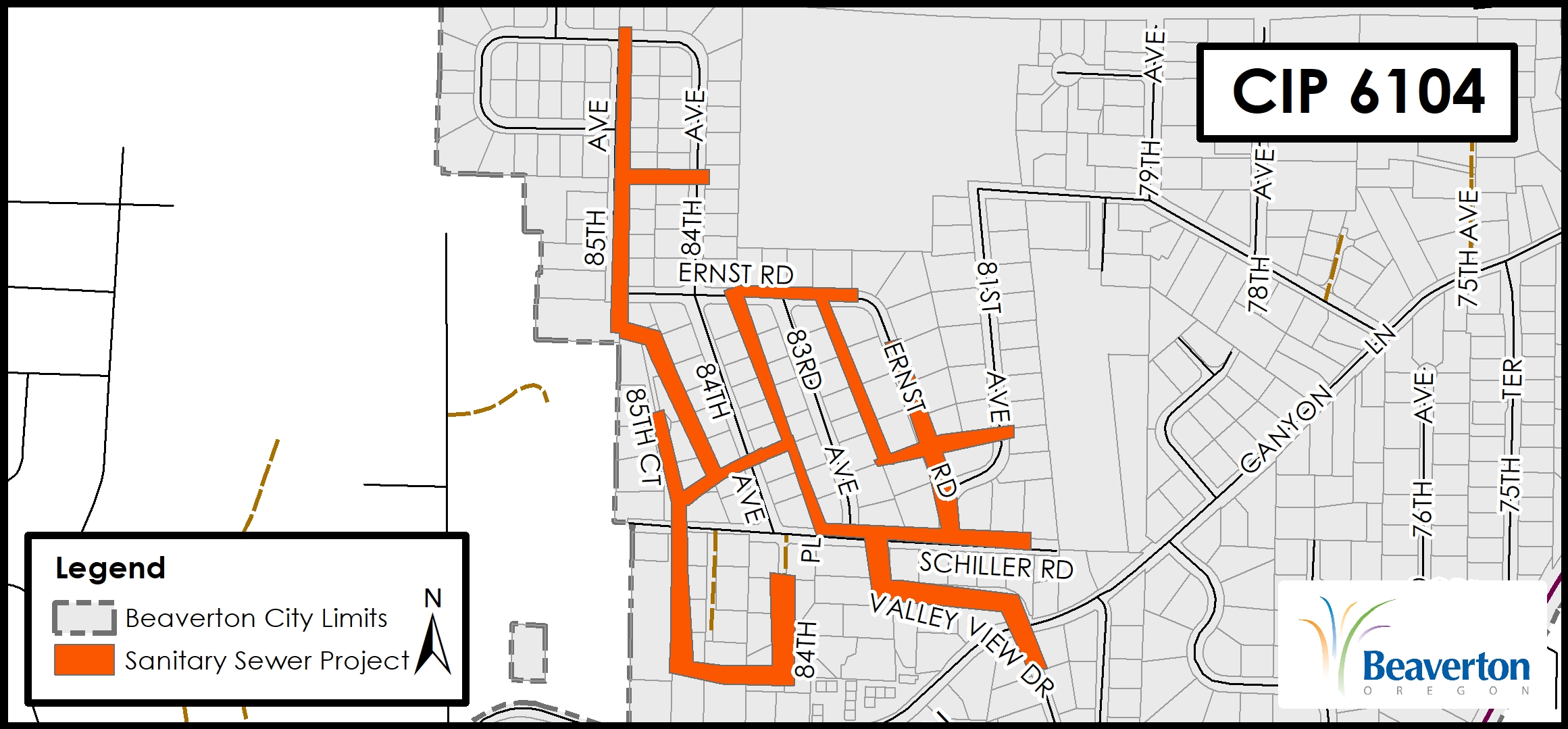 Sanitary Sewer CIP 6104 map for SW 85th Avenue, SW 85th Court, SW 84th Place, SW Ernst Road, SW Schiller Road and Valley View Drive.