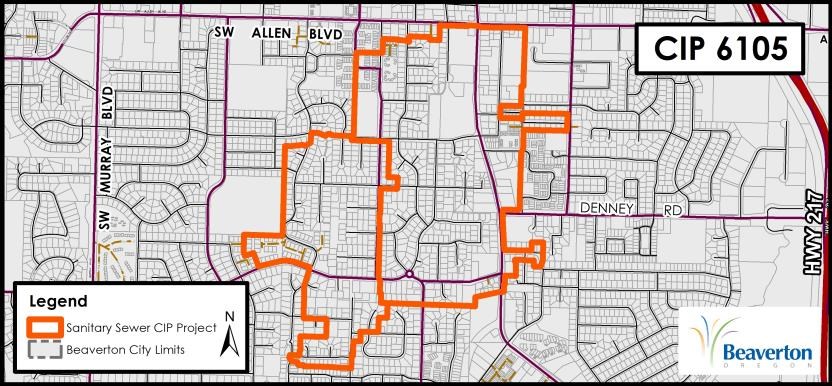 CIP 6105 Sanitary Sewer project map for area bounded by SW Wilson Ave, SW Allen Blvd, SW Lombard and SW Greenway Blvd.