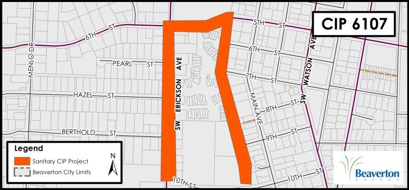 CIP 6107 Sanitary Project map for SW Erickson Ave, SW 5th Street and walking path parallel to SW Main Avenue, ending at SW 10th Avenue.