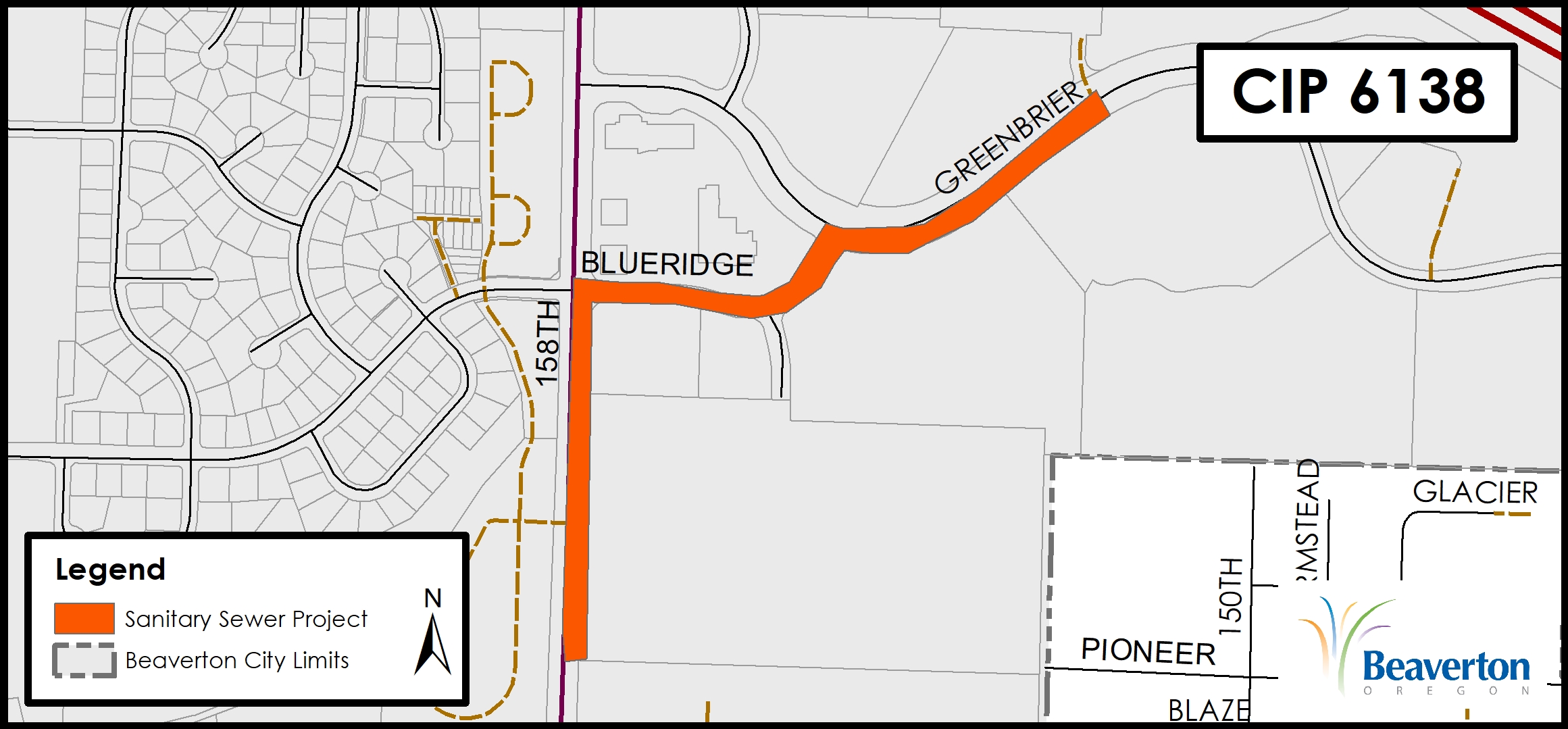 Sanitary Sewer Capital Improvement Project 6138 map for area along SW 158th Avenue, NW Blueridge Drive and NW Greenbrier Parkway.